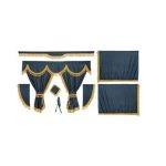 Juego de cortinas de tela opaca azul oscuro y flecos dorados