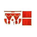 Juego de cortinas de tela opaca roja con franjas beige.